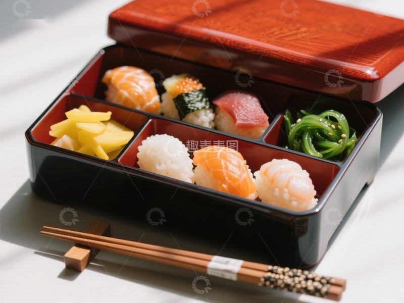 高清大图下载【趣麦麦图】精致日式便当盒，盛满美味寿司与配菜