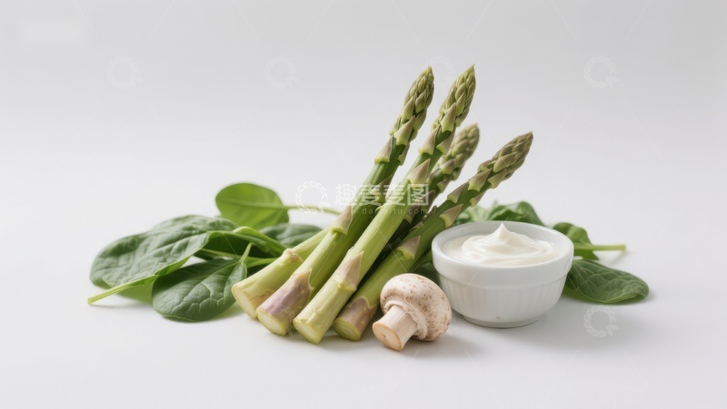 高清大图下载【趣麦麦图】芦笋、菠菜与蘑菇配酸奶油