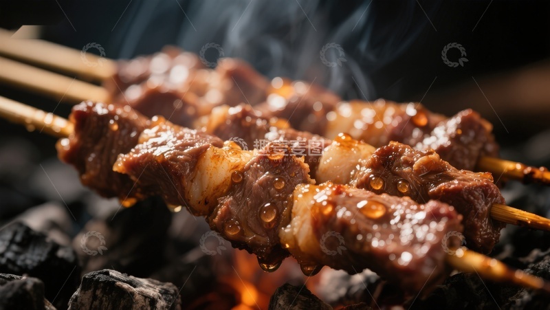 高清大图下载【趣麦麦图】炭火上的美味烤肉串