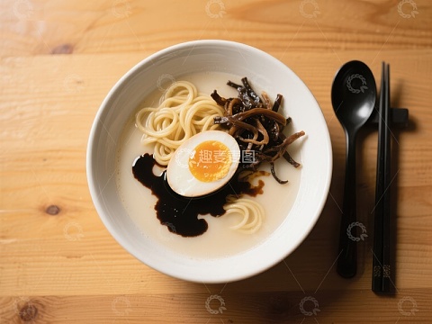 一碗简单的面条配半熟蛋和酱汁