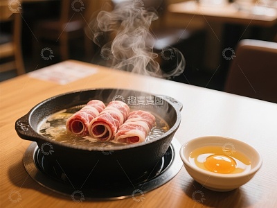 热气腾腾的火锅配生蛋黄