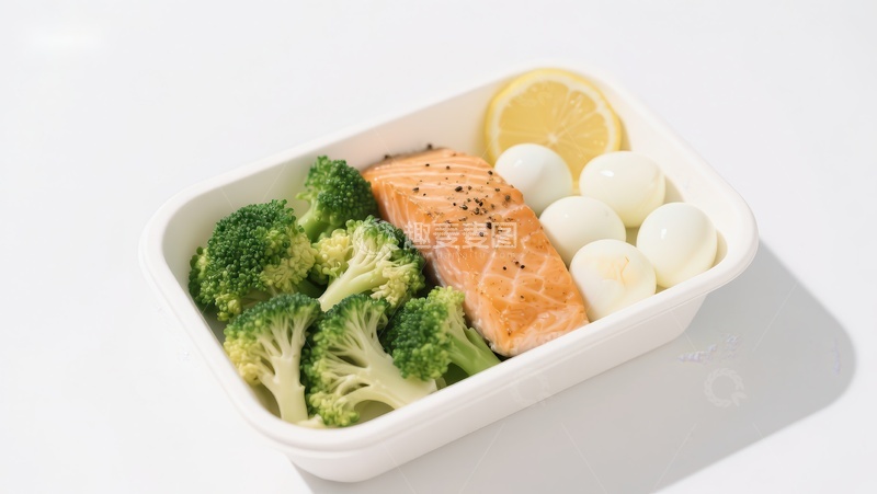 高清大图下载【趣麦麦图】健康餐盒：三文鱼配西兰花和鹌鹑蛋