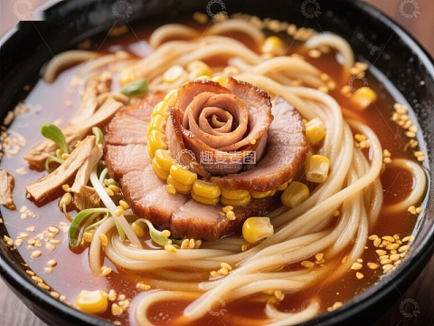 玫瑰肉片装饰的美味面条