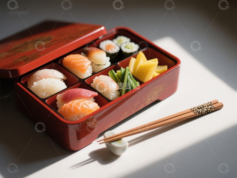 高清大图下载【趣麦麦图】精致日式便当盒中的寿司与配菜