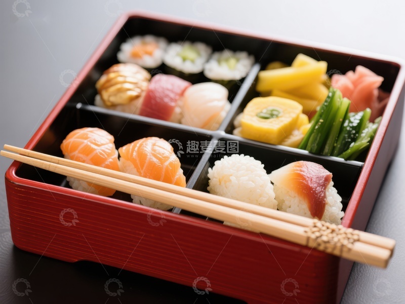 高清大图下载【趣麦麦图】精致日式便当盒，内含寿司与配菜