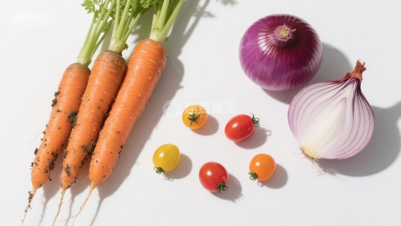 高清大图下载【趣麦麦图】新鲜蔬菜组合：胡萝卜、洋葱与樱桃番茄