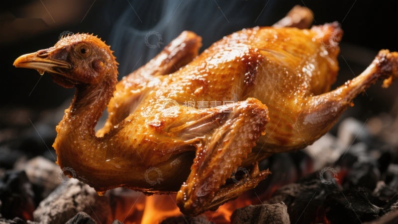 高清大图下载【趣麦麦图】烤鸡在炭火上散发香气
