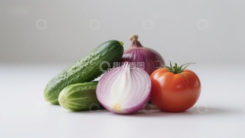 高清大图下载【趣麦麦图】新鲜蔬菜组合：黄瓜、洋葱与番茄