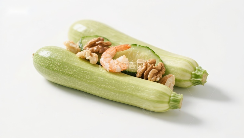 高清大图下载【趣麦麦图】新鲜西葫芦配虾仁与核桃