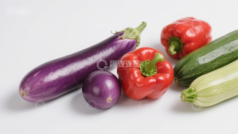 高清大图下载【趣麦麦图】新鲜蔬菜展示：茄子、甜椒与黄瓜
