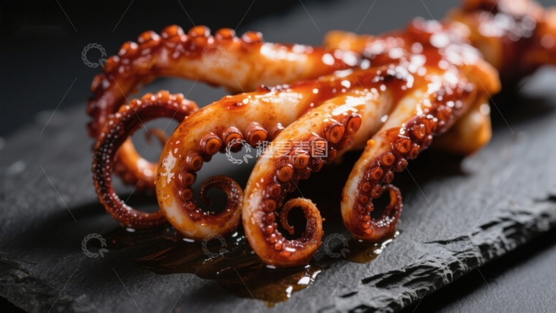 高清大图下载【趣麦麦图】酱汁淋洒的烤鱿鱼触须
