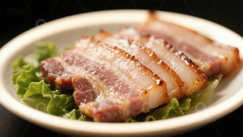 高清大图下载【趣麦麦图】煎培根配生菜的美食特写