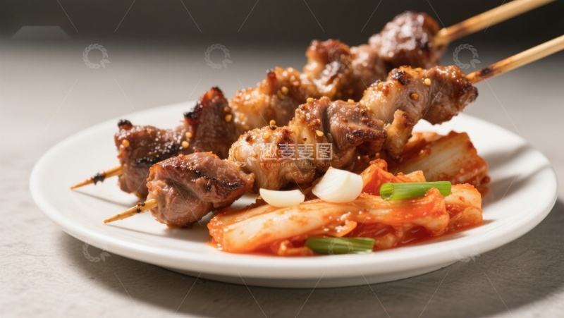 高清大图下载【趣麦麦图】烤肉串配泡菜，美味韩式料理
