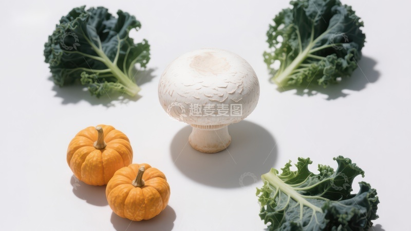 高清大图下载【趣麦麦图】蘑菇与南瓜、羽衣甘蓝的静物组合