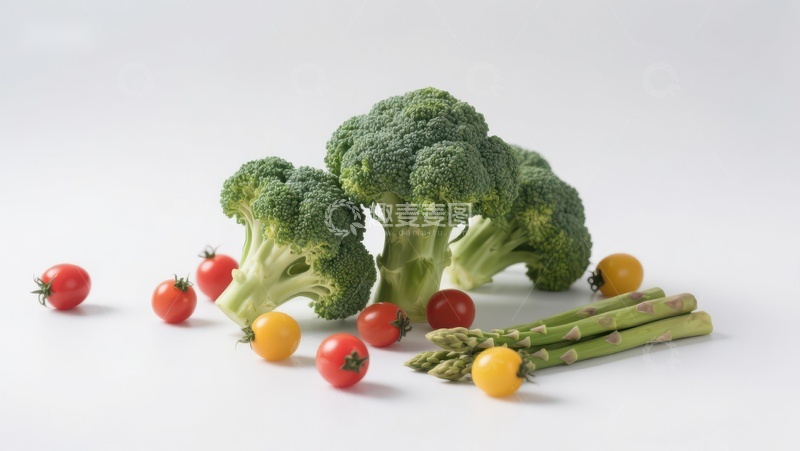 高清大图下载【趣麦麦图】新鲜蔬菜组合：西兰花、樱桃番茄和芦笋