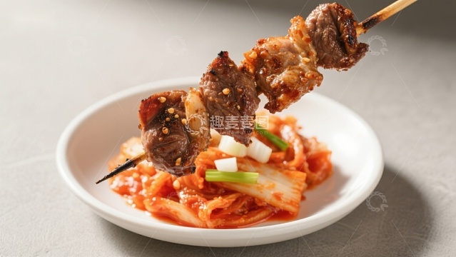烤肉串配泡菜，美味韩式料理