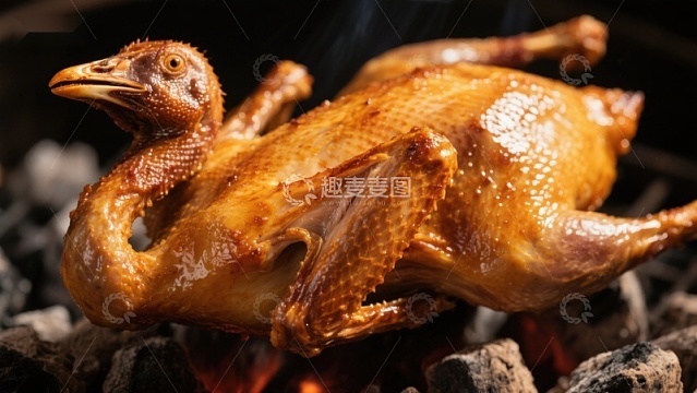 烤鸡在炭火上烹饪