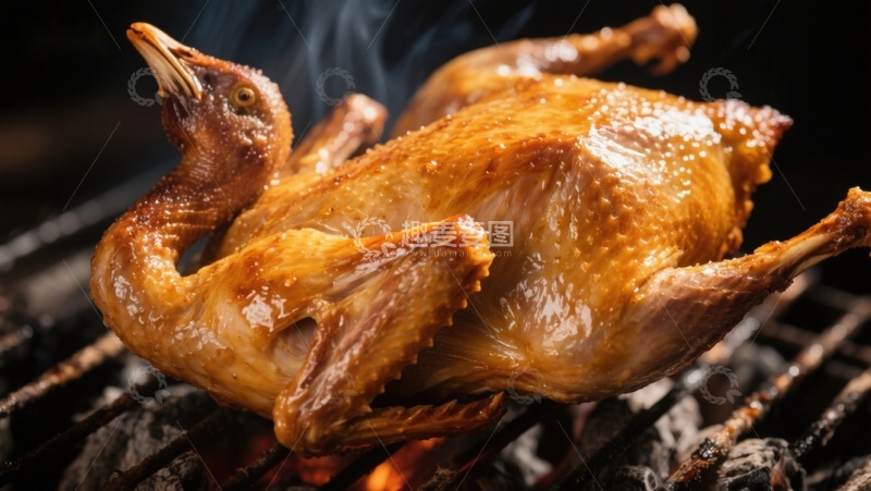 高清大图下载【趣麦麦图】烤鸡在炭火上散发香气