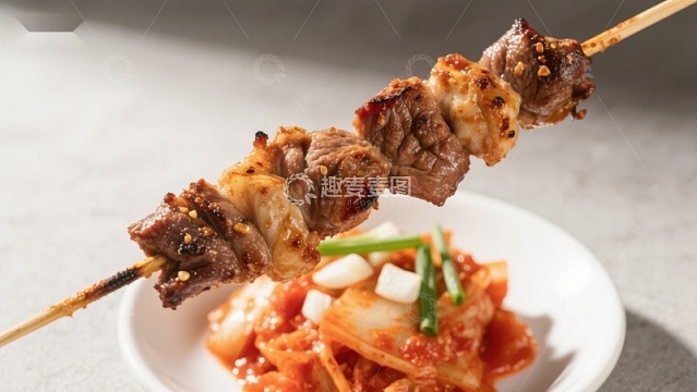 烤肉串配泡菜，美味韩式料理