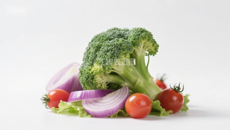 高清大图下载【趣麦麦图】-新鲜蔬菜组合：西兰花、洋葱与樱桃番茄