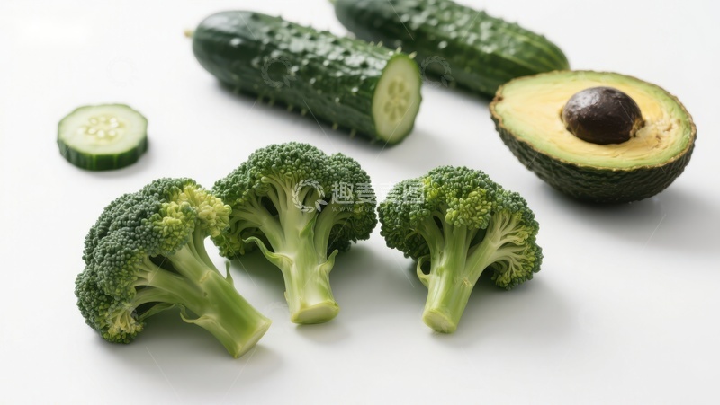 高清大图下载【趣麦麦图】新鲜蔬菜组合：西兰花、黄瓜和牛油果