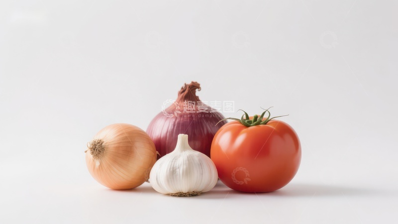 高清大图下载【趣麦麦图】新鲜蔬菜：洋葱、大蒜与番茄