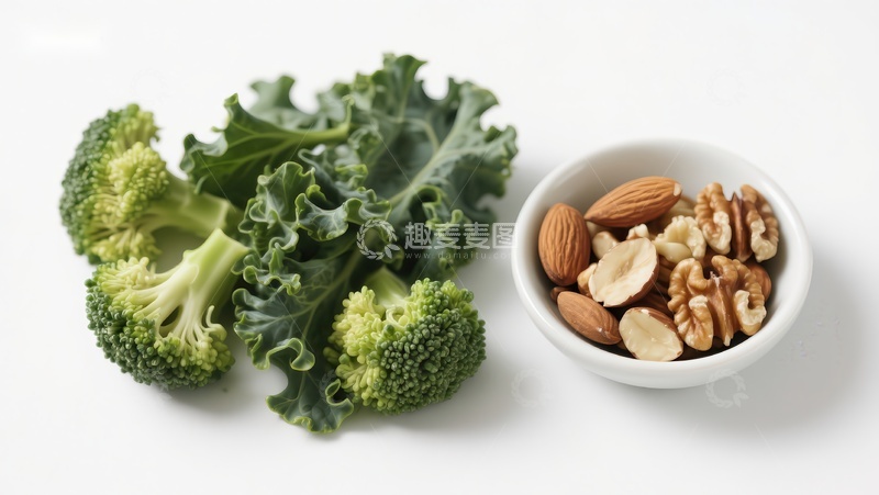 高清大图下载【趣麦麦图】西兰花、羽衣甘蓝与坚果的健康组合