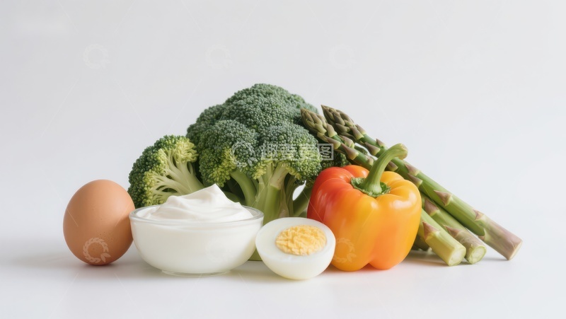 高清大图下载【趣麦麦图】健康食材组合：蔬菜、鸡蛋与乳制品