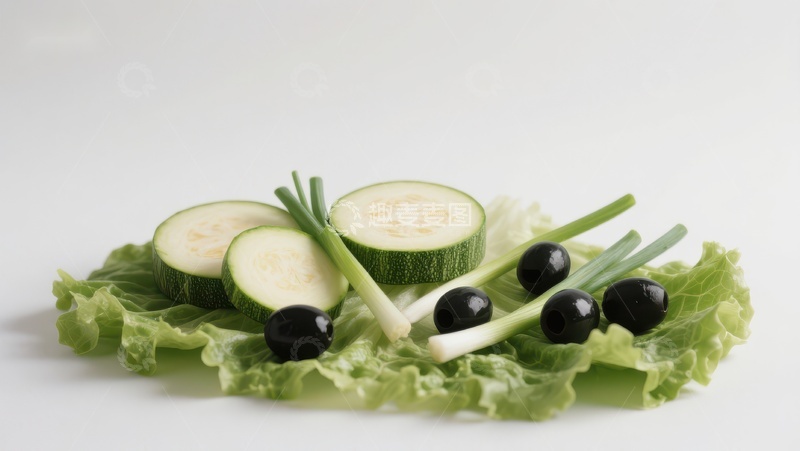 高清大图下载【趣麦麦图】新鲜蔬菜拼盘：黄瓜、橄榄与生菜