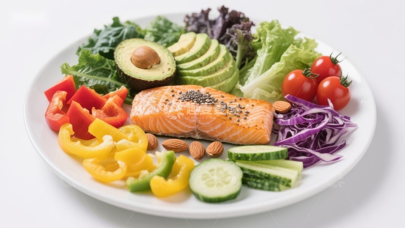 高清大图下载【趣麦麦图】三文鱼配蔬菜的健康餐盘