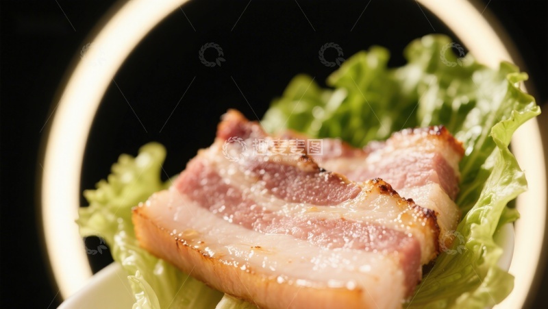 高清大图下载【趣麦麦图】煎培根配生菜，美食特写