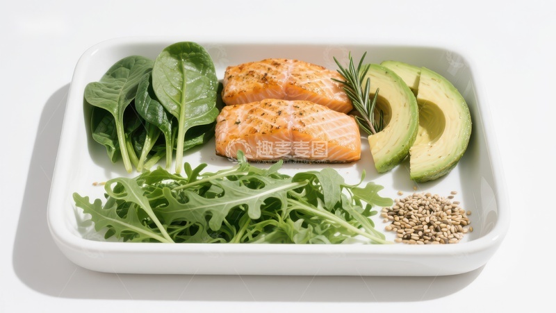 高清大图下载【趣麦麦图】三文鱼配牛油果与芝麻的健康餐盘