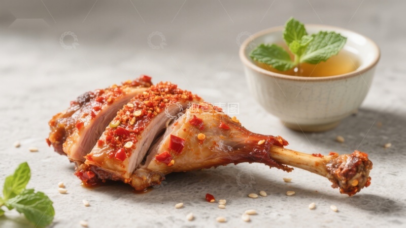 高清大图下载【趣麦麦图】香辣烤鸭腿配薄荷茶