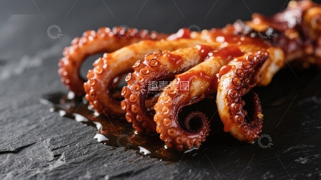 酱汁淋洒的烤鱿鱼触须