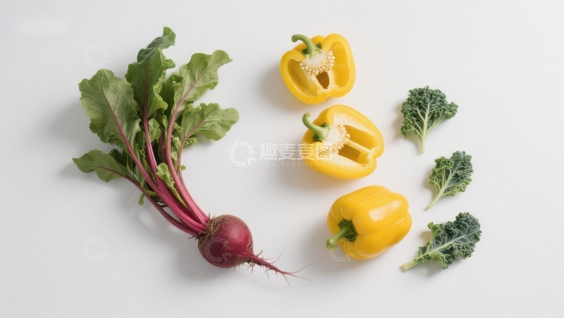 高清大图下载【趣麦麦图】新鲜蔬菜组合：甜椒、菠菜与甘蓝