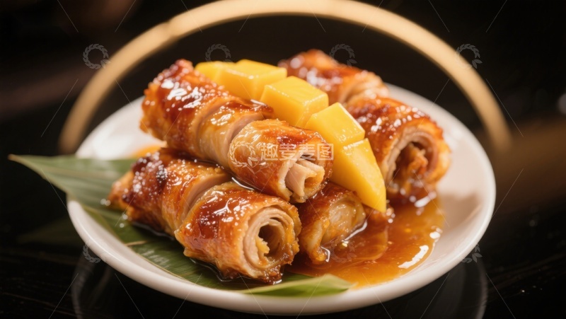 高清大图下载【趣麦麦图】酱汁卷肉配菠萝块