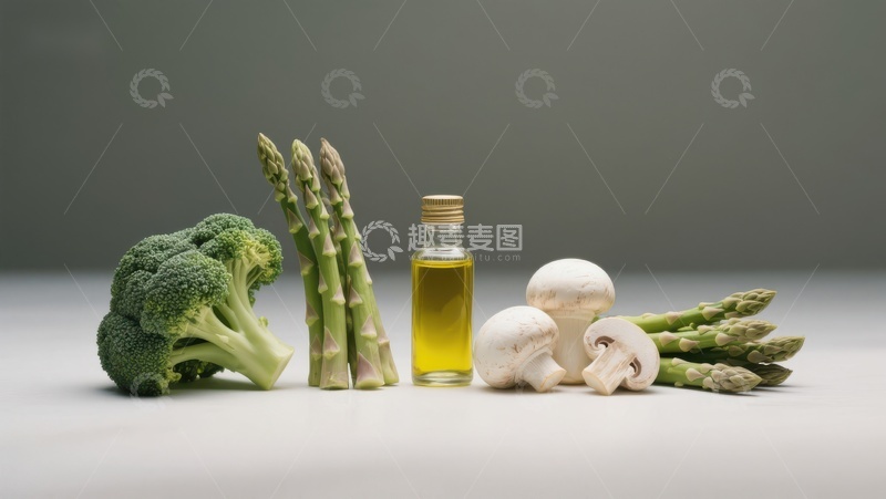 高清大图下载【趣麦麦图】新鲜蔬菜与橄榄油的静物组合