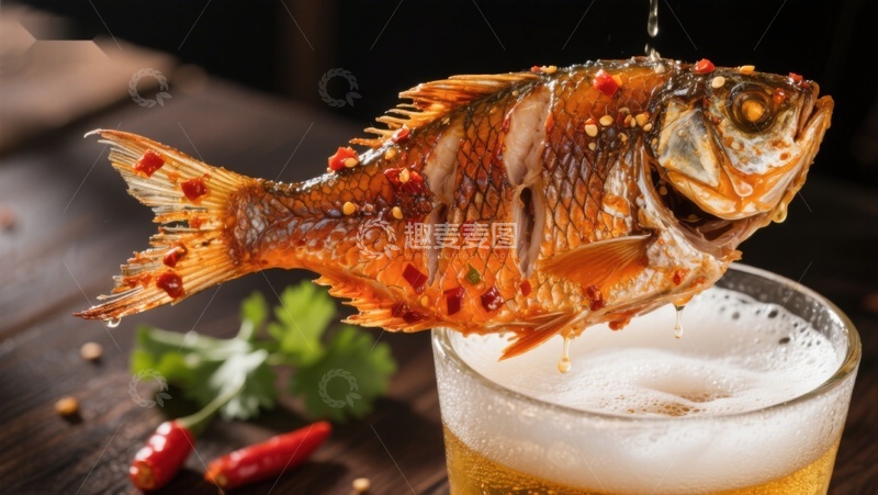 高清大图下载【趣麦麦图】香辣烤鱼配啤酒，美味诱人