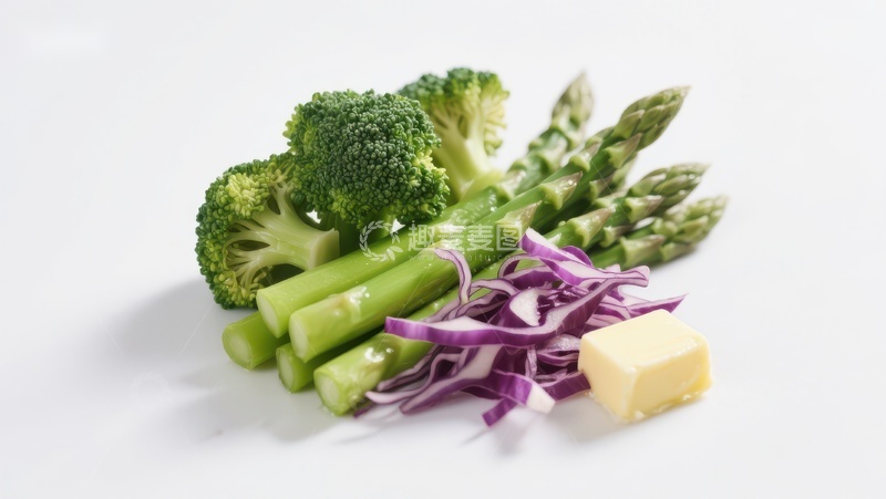 高清大图下载【趣麦麦图】新鲜蔬菜组合：西兰花、芦笋与紫甘蓝