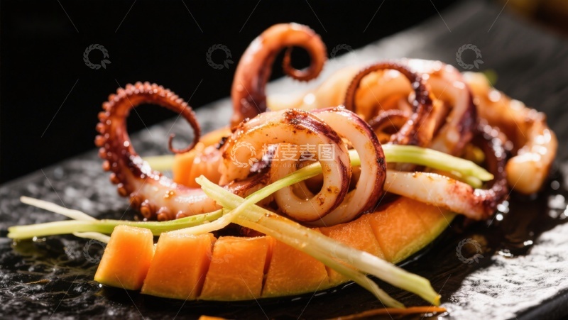 高清大图下载【趣麦麦图】鱿鱼圈配南瓜与青葱的精致料理