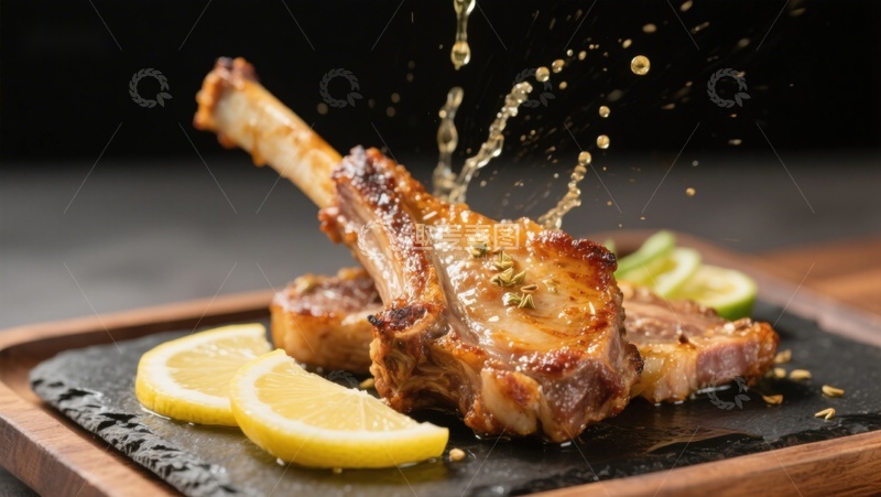 高清大图下载【趣麦麦图】香煎羊排配柠檬，美味溅射瞬间