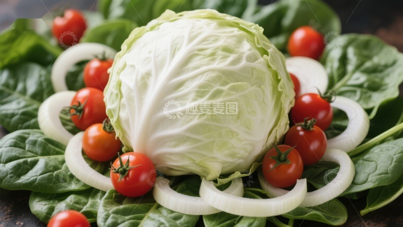 高清大图下载【趣麦麦图】新鲜卷心菜配樱桃番茄和洋葱