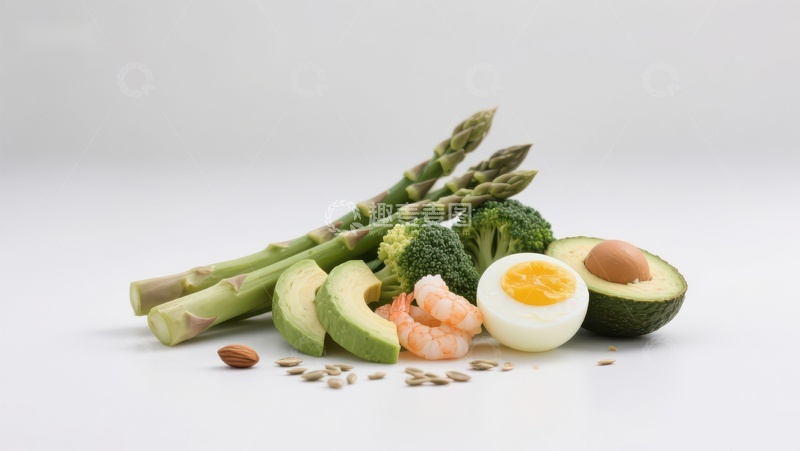 高清大图下载【趣麦麦图】健康食材组合：芦笋、鳄梨、虾仁与鸡蛋