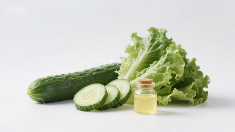 高清大图下载【趣麦麦图】新鲜黄瓜、生菜与小瓶油