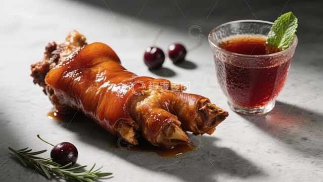 烤猪蹄配樱桃酱与饮品