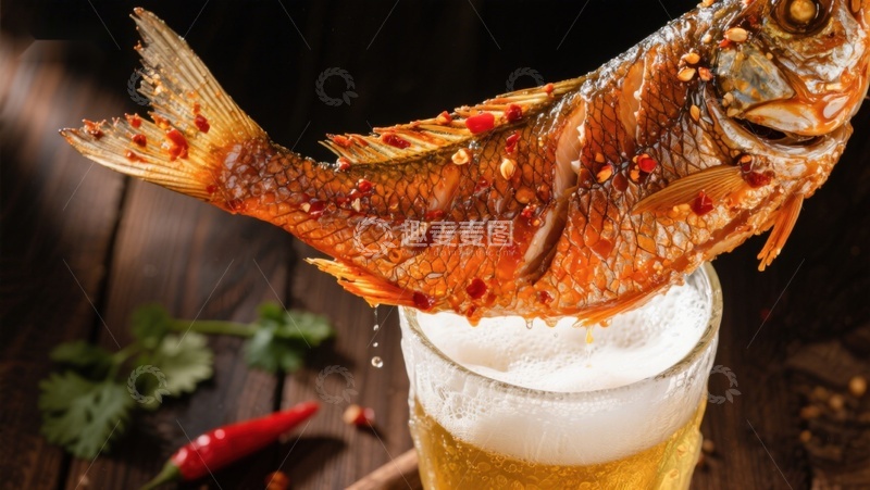 高清大图下载【趣麦麦图】烤鱼配啤酒，美味佳肴