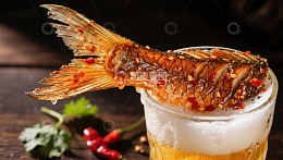 啤酒杯上的烤鱼装饰