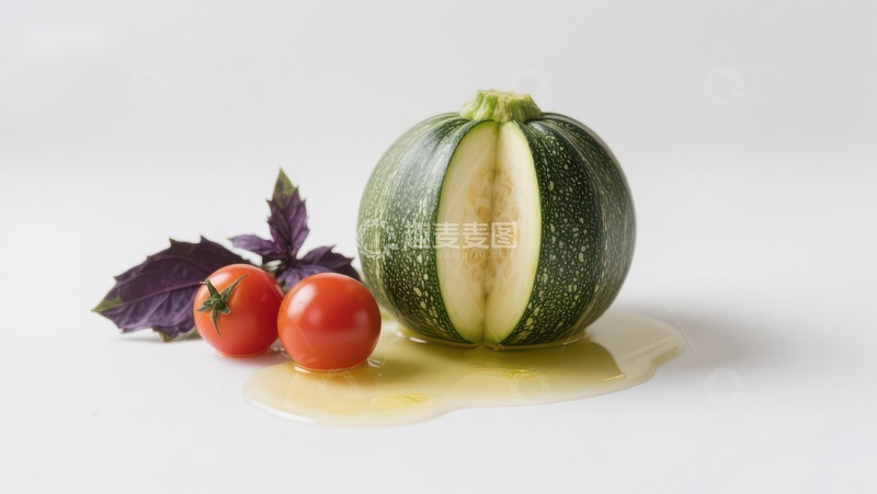高清大图下载【趣麦麦图】切开的南瓜与番茄、罗勒叶