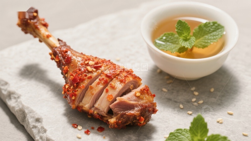 高清大图下载【趣麦麦图】香辣鸭腿配薄荷茶