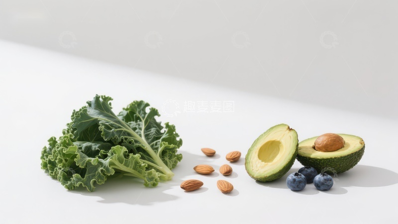 高清大图下载【趣麦麦图】健康食材组合：羽衣甘蓝、牛油果、蓝莓与杏仁